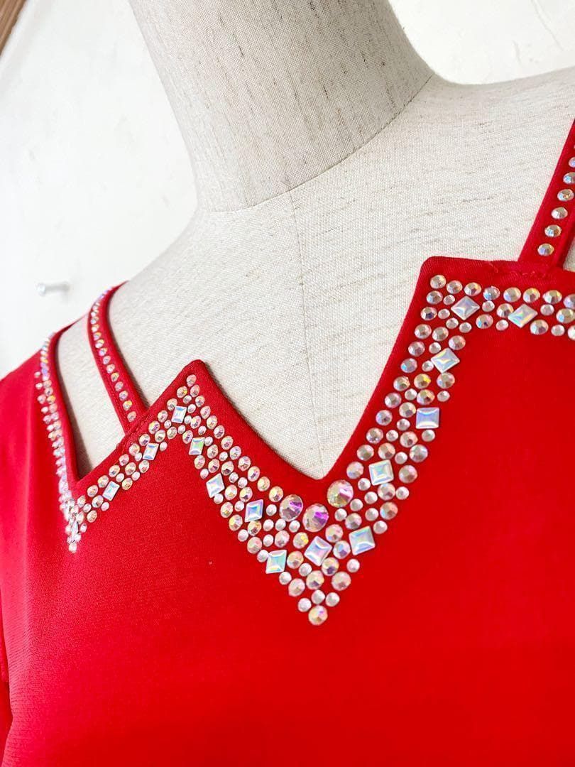 半袖】新品 M 社交ダンス オーロララインストーン カットソー赤B1117