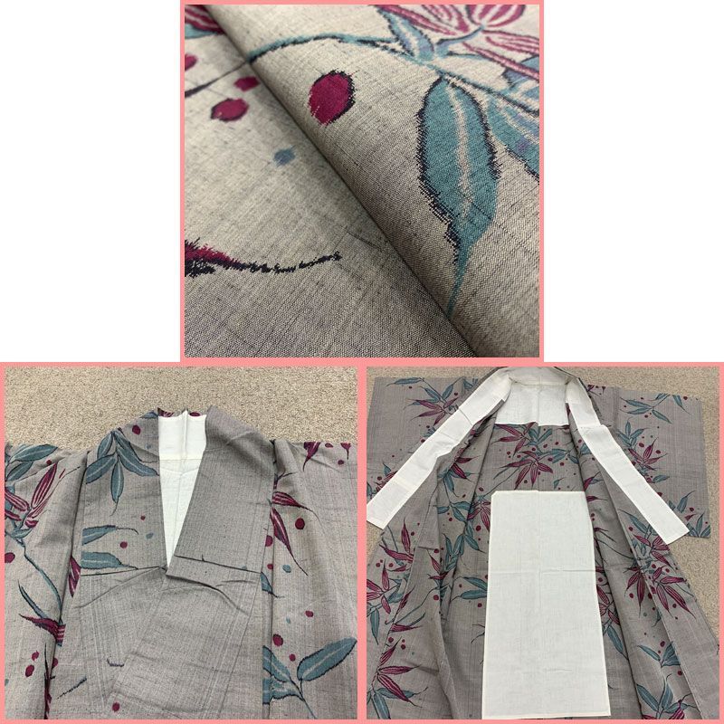 M】 昭和レトロ 単衣 銘仙 着物 花唐草 アンティーク