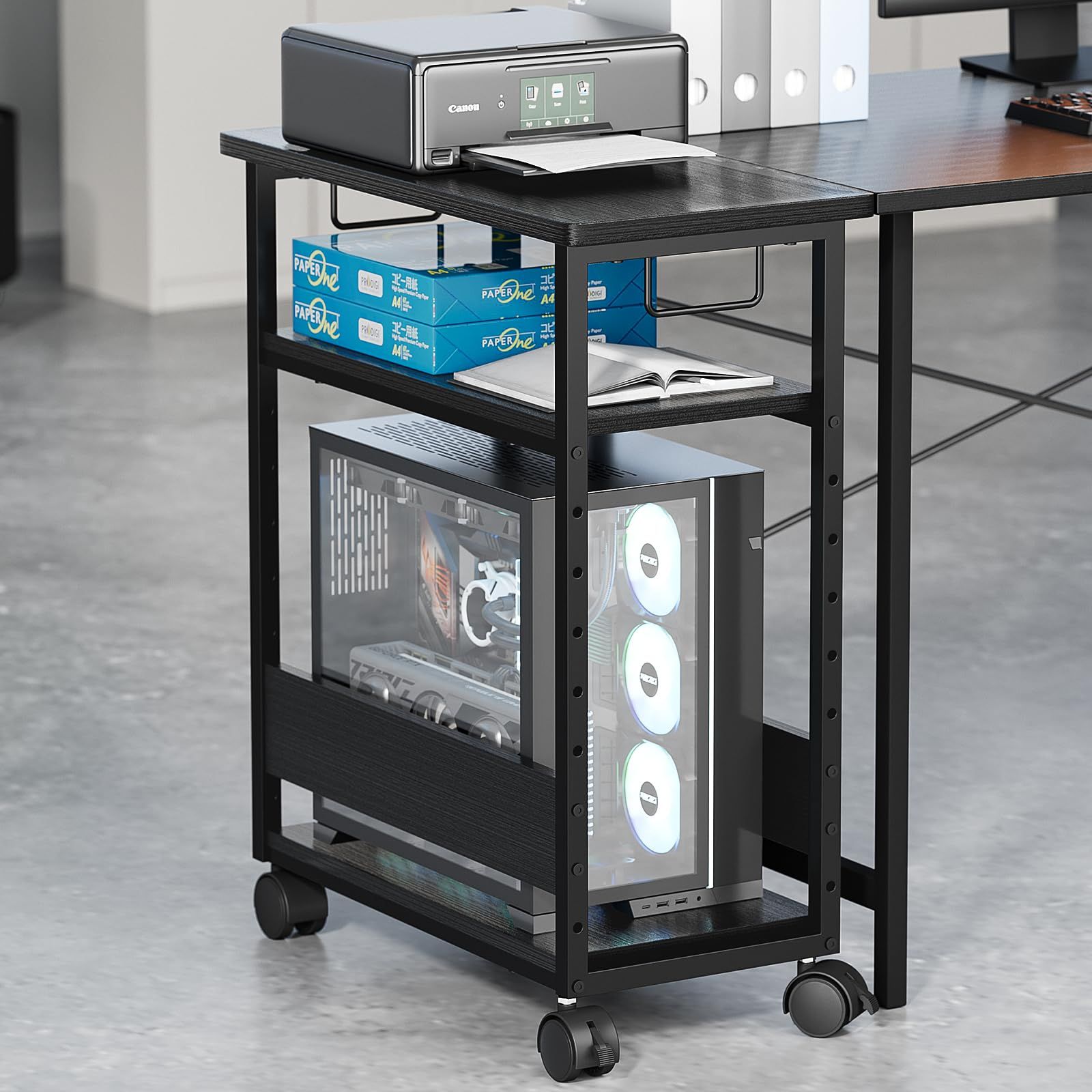 収納棚 ストッパー付き デスクサイドワゴン 木製 パソコン収納 移動便利 棚板高さ調節 デスクワゴン キャスター付き 幅60×奥行30×高さ70cm CPUワゴン 複合機ラック PCワゴン ブラック パソコンワゴン MIYOKI