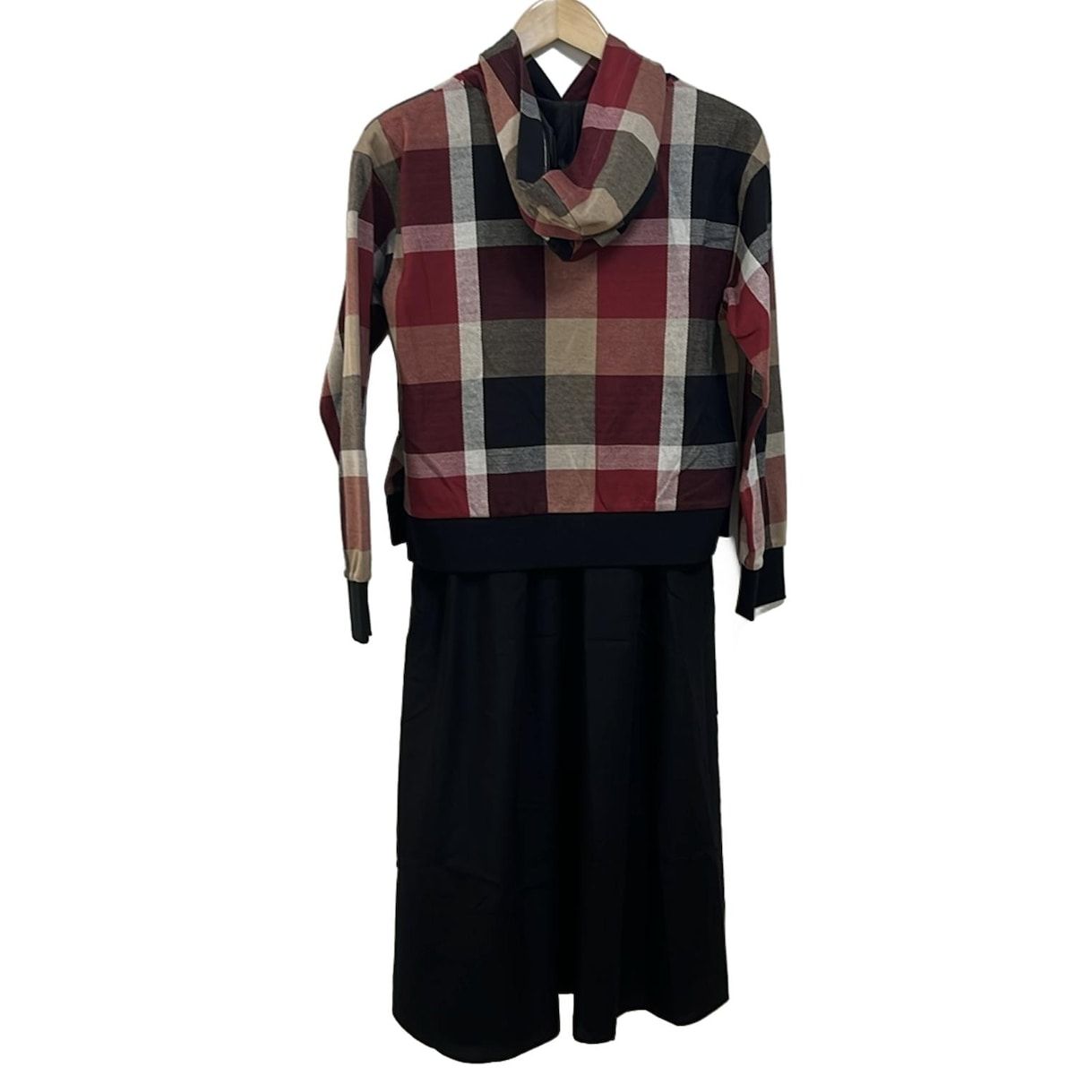 ブルーレーベルクレストブリッジ ワンピース サイズ36 S レディース - ボルドー×黒×マルチ フード付き 長袖 ロング チェック柄