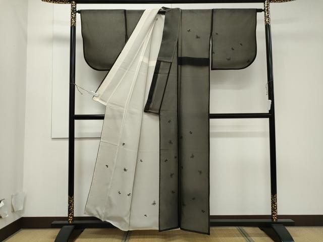 平和屋着物▽訪問着　無双　紗袷　紗×絽　舞蝶文　黒地　正絹　逸品　CAAT9522dy 平和屋着物▽訪問着 無双 紗袷 紗×絽 舞蝶文 黒地 正絹 逸品