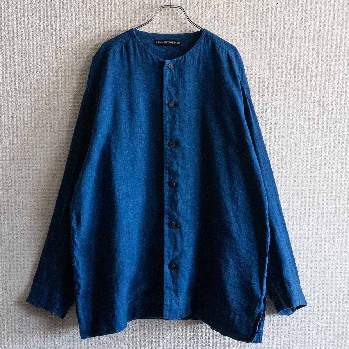 【美品】ISSEY MIYAKE MEN【インディゴ リネン ノーカラー シャツ】オーバーシルエット イッセイミヤケメン 25030192