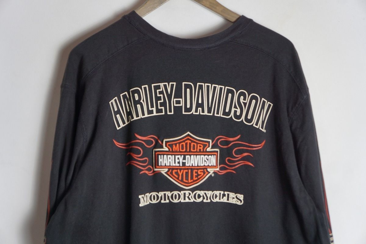 HARLEY-DAVIDSON 長袖Tシャツ　刺繍　プリント　フレイム　黒　L HARLEY-DAVIDSON フレイムス ハーレー 長袖Tシャツ L イーグル