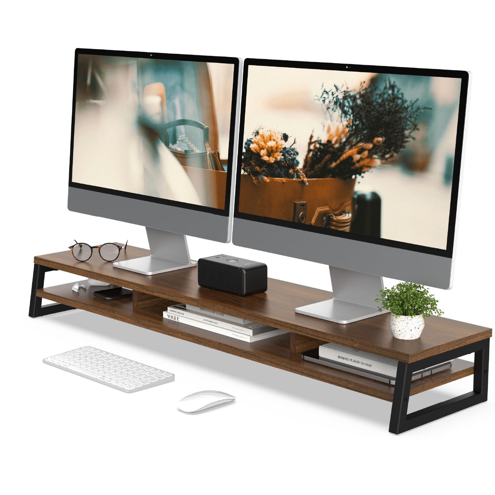 数量 Fenge モニター台 卓上 デスクシェルフ モニタースタンド パソコン台 2段 木製 幅108cm pc台 机上台 デュアルモニター 台 机上ラック 卓上台 デスク周り収納 ディスプレイ 台 ブラウン
