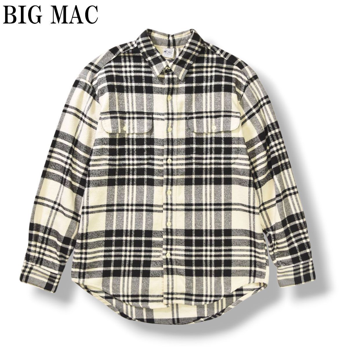 単色タグ 70sヴィンテージ ビッグマック BIG MAC ジェイシーペニー JC Penney 長袖 コットンネル チェック柄 ワークシャツ ポルトガル製 M ブラック x ホワイト メンズ