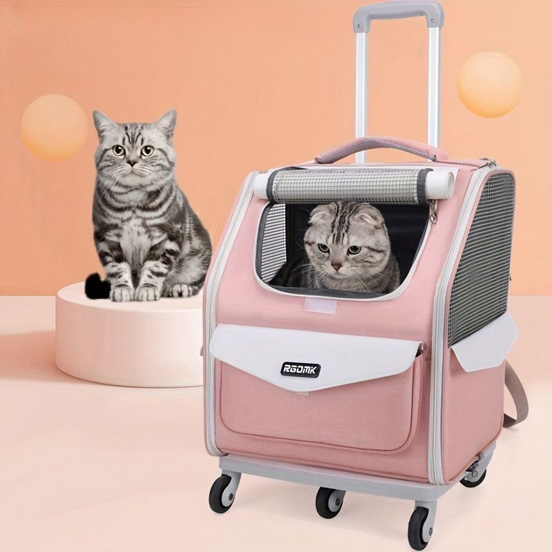 ペット用バックパック ジッパー ナイロン製 折りたたみ キャット 猫 小型犬用トラベルキャリア 伸縮 ハンドル ホイール付き ピンク