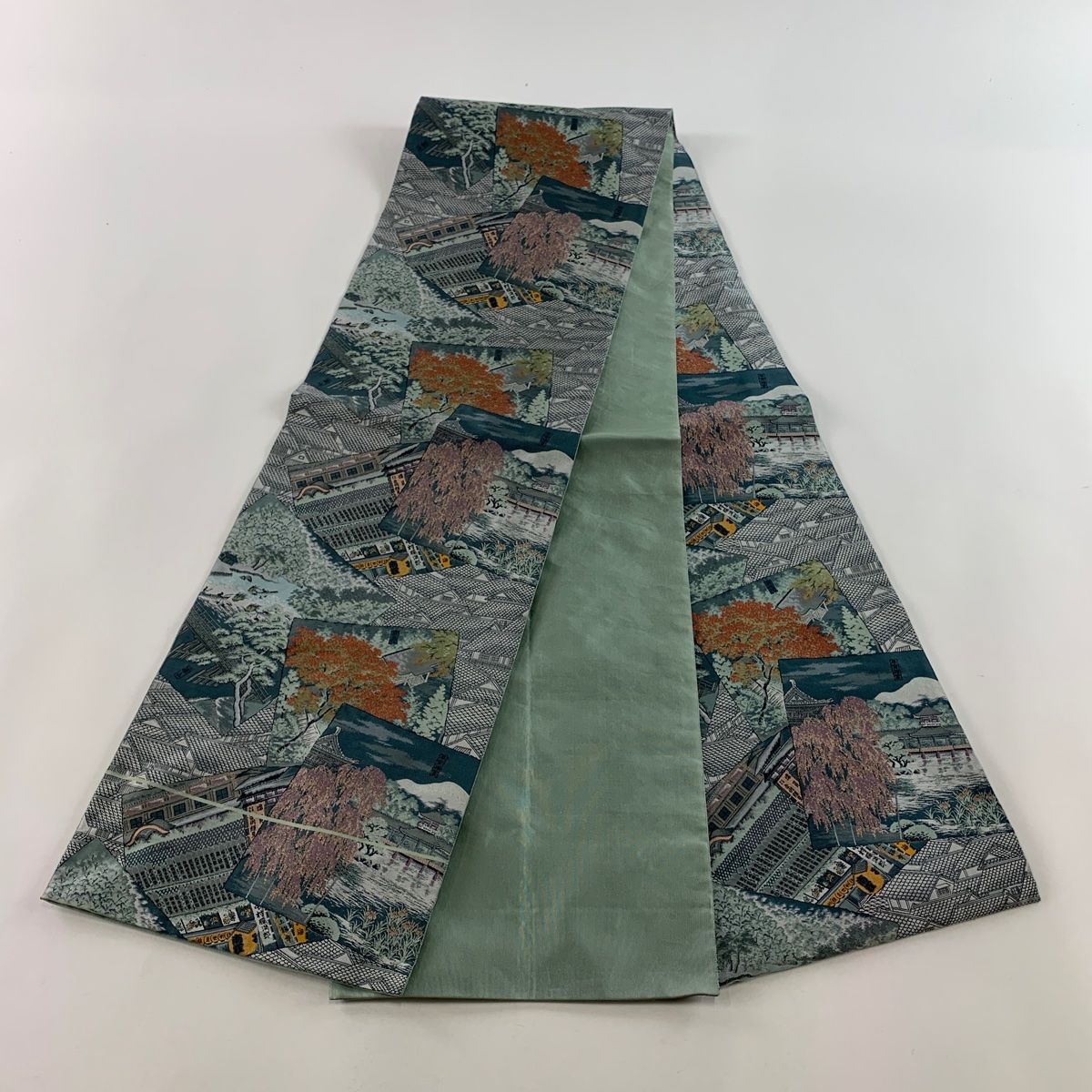 袋帯 秀品 疋田 灰緑 全通 正絹 中古 袋帯 秀品 疋田 灰緑 全通 正絹 中古