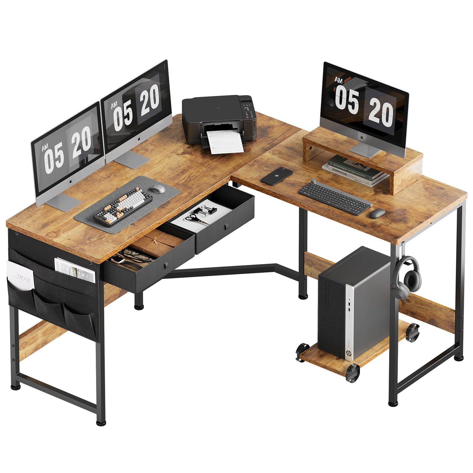 125cm x 125cm 作業机 オフィスデスク ゲーミングデスク pcデスク パソコンデスク 収納袋付き勉強机 l字デスク机 computer desk 机 コーナーデスク 引き出し付きデスク デスク ビンテージ