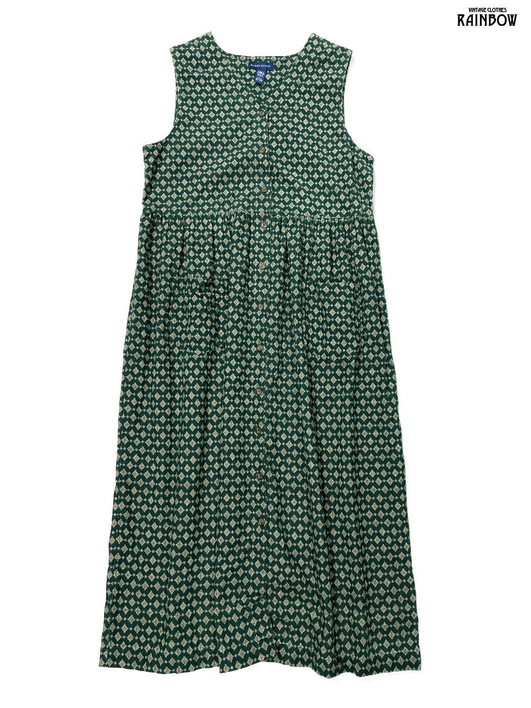 古着 KAREN SCOTT 前開き 総柄 コットン100％ コーデュロイ ロング丈 ノースリーブ ワンピース 緑 otu2510004