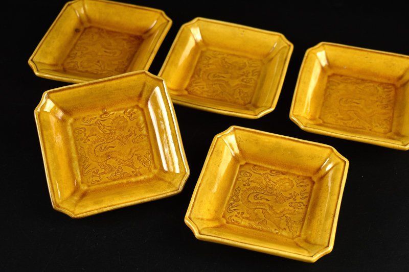 蔵A5121a 珉平焼 淡路焼 黄交趾 龍図 小皿 五客 民平