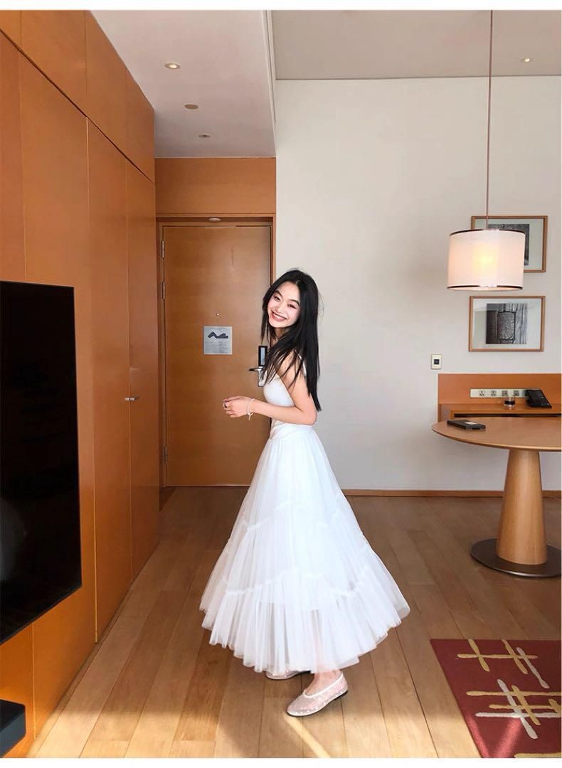 ♥ 夏秋 韓国風ハイウエストロングワンピースレースキャミソールメッシュチュールドレス