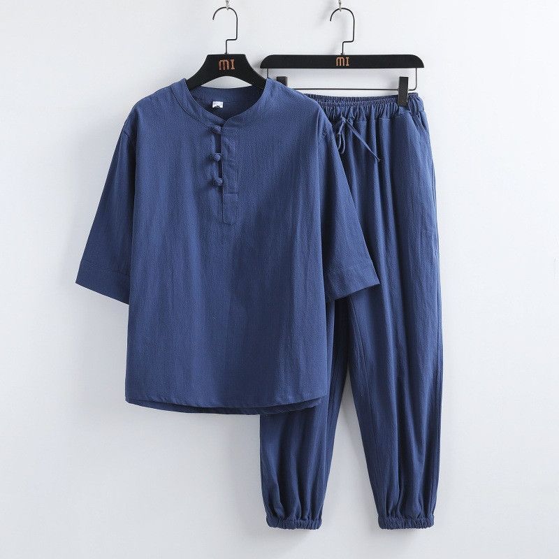 セットアップ メンズ 上下セット父の日 ジャージ 2点セット 綿麻 七分袖シャツ ハーフパンツ 夏 無地 速乾 薄手 滑り ひんやり