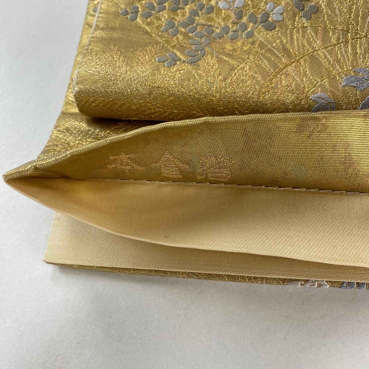 袋帯 美品 秀品 扇 草花 金銀糸 箔 薄オレンジ お太鼓柄 正絹 【中古】