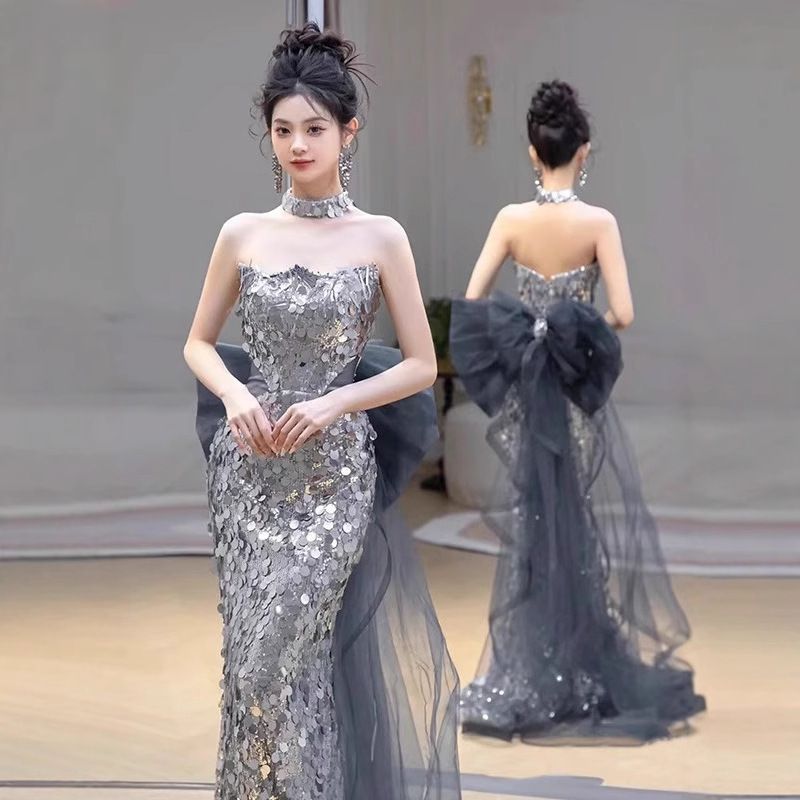 キラキラシルバー ウエストシェイプ フィッシュテール ストラップレスドレス 花嫁ウェディング スピーチ衣装 宴会ステージ衣装 司会用フォーマルドレス