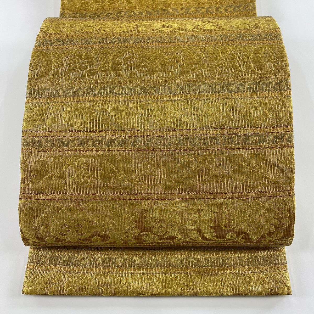 袋帯 誉田屋源兵衛 落款 純金 鈴乃屋 段縞 草花 金銀糸 金色 六通 正絹