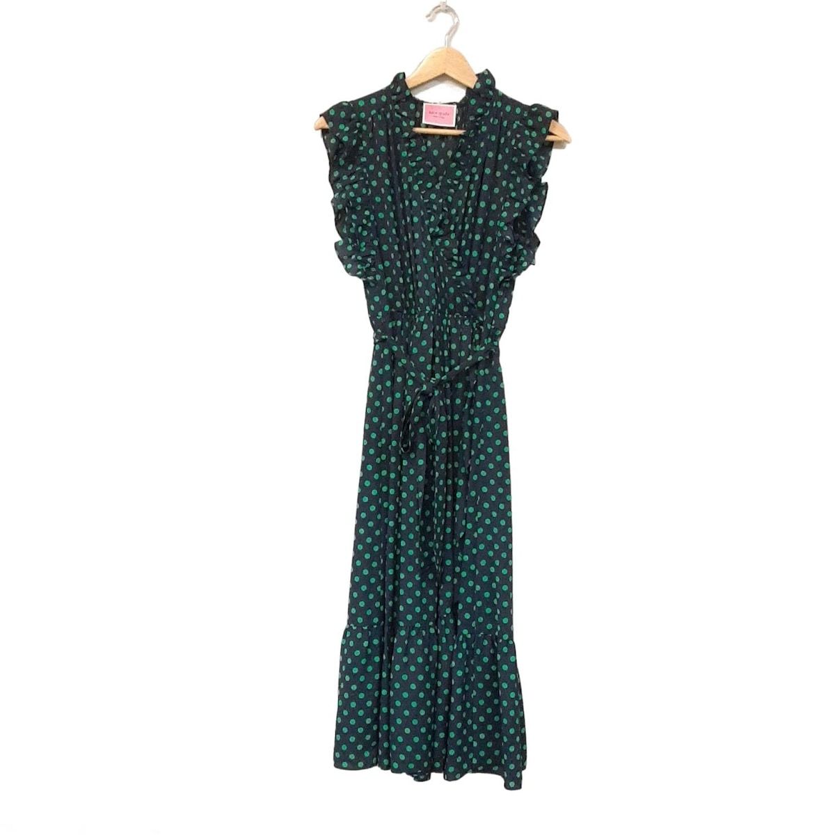 Kate spade ケイトスペード ワンピース サイズ0 XS レディース - ダークネイビー×グリーン ノースリーブ ロング ドット柄 フリル