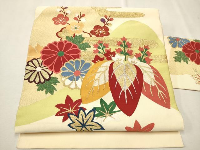 平和屋着物●爪掻き本綴れ　八寸名古屋帯　遠山文　金銀糸　正絹　逸品　CABD4187dy 平和屋着物○爪掻き本綴れ 八寸名古屋帯 作家物 遠山草花文 金銀糸 共