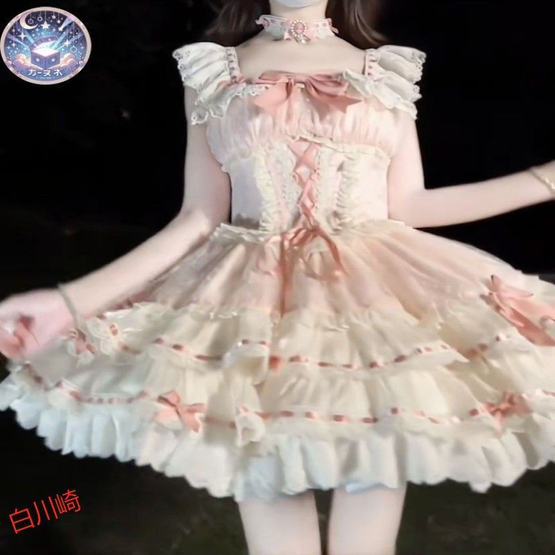星 小芙蝶 ロリータ ワンピース JSK lolita ジャンパースカート ゴスロリ バレエ風フリルドレス お姫様風ピンク誕生日ドレス 夢かわいい推し活コーデ