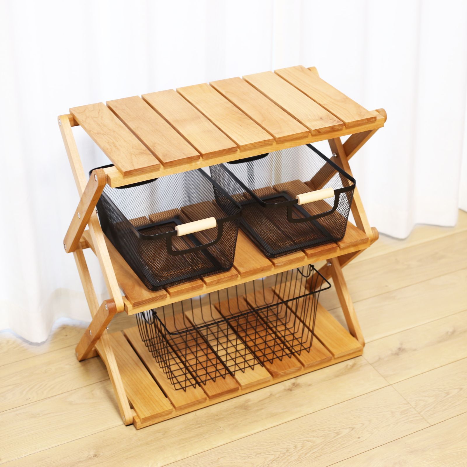 木製 折りたたみラック 3段 アルダー材 棚 インテリア 家具 アウトドア