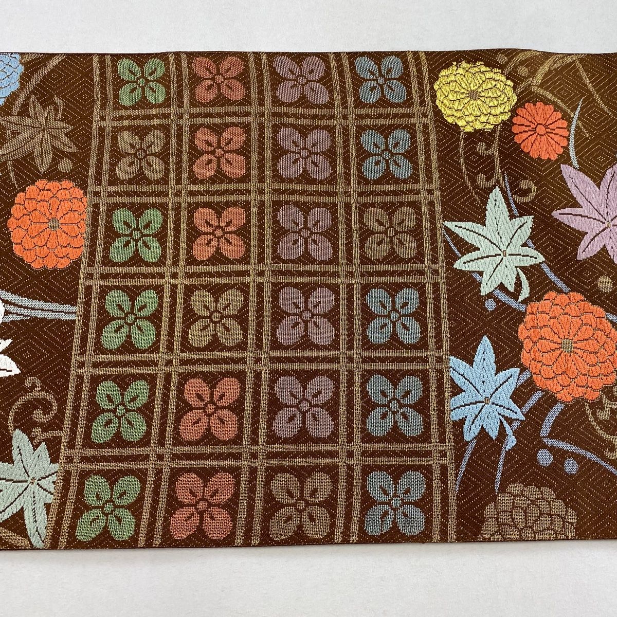 S2137】着物 袋帯 六通 銀色 菊 楓 扇 金銀糸 刺繍 440㎝