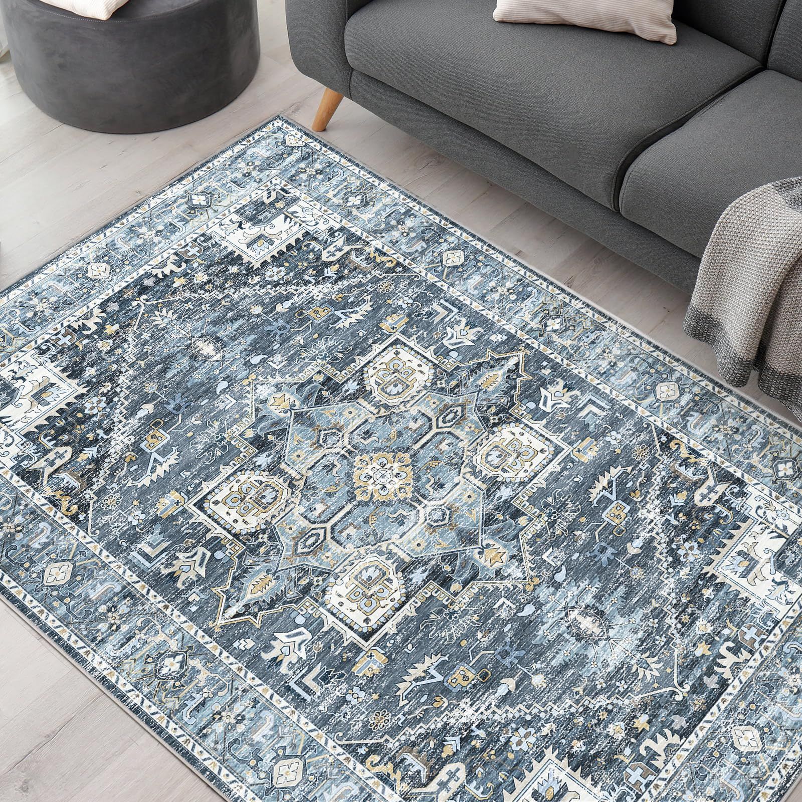 ラグ カーペット マット ペルシャ風絨毯 大判 130×190cm 1.5畳相当 ｜インテリア 北欧 チェアマット ｜ 洗える 滑り止め 低反発 防音 床暖房対応｜抗菌防臭 防ダニ｜北欧 幾何学 デザイン｜リビング オフィス オールシーズン 青 ブルー