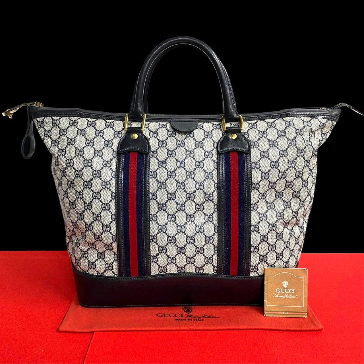 極 美品 GUCCI グッチ オールドグッチ ヴィンテージ シェリーライン GG ロゴ レザー ハンドバッグ ミニ ボストンバッグ ネイビー  91877 - メルカリ