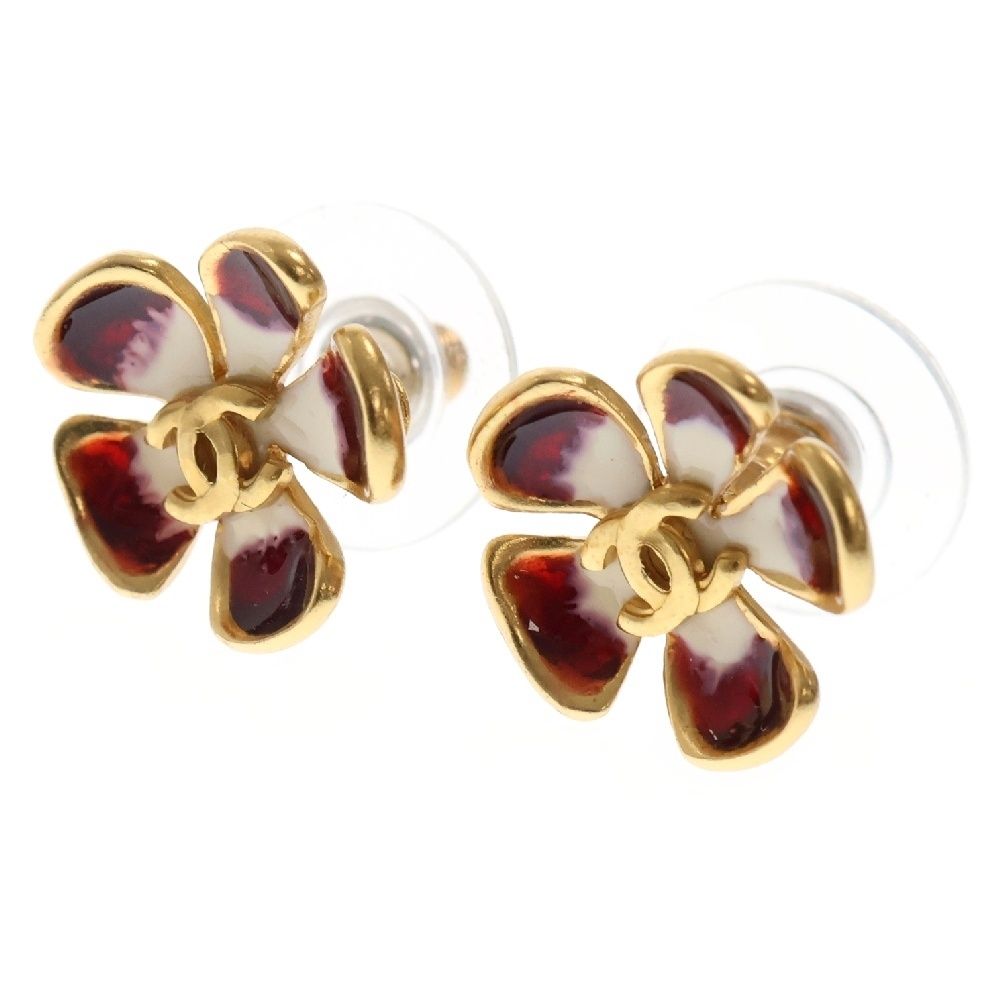 CHANEL シャネル ココマーク グリポワフラワー モチーフ ピアス ゴールド×レッド GP アクセサリー 03P