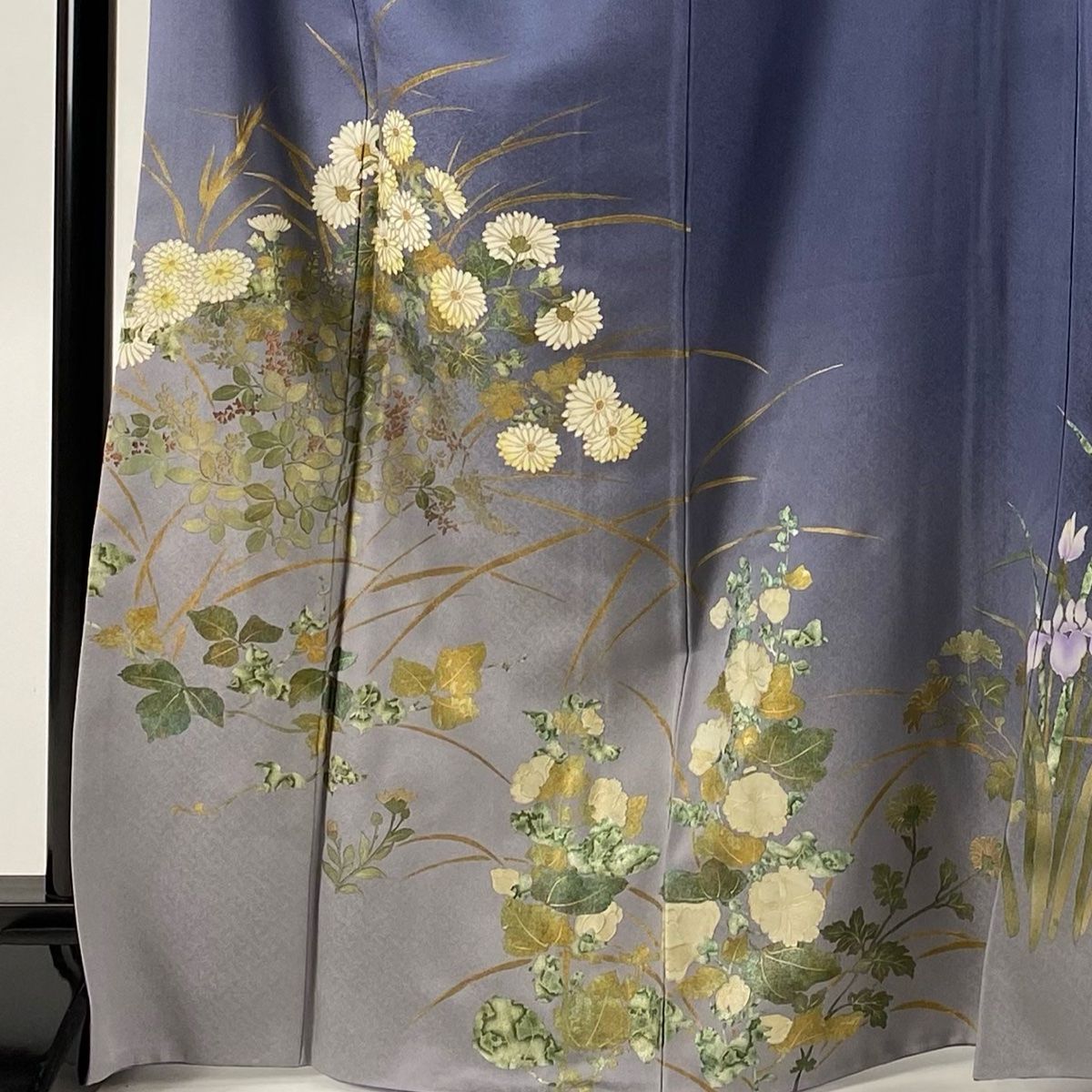 訪問着 名品 草花 市松 金銀彩 金糸 灰白 袷 168cm 66.5cm M 正絹 ☆