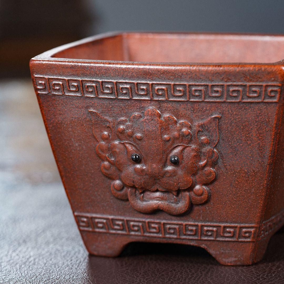 宜興紫砂 四方獣頭鉢 紫砂盆鉢 盆栽鉢 植木鉢 小品盆栽鉢 大品盆栽鉢