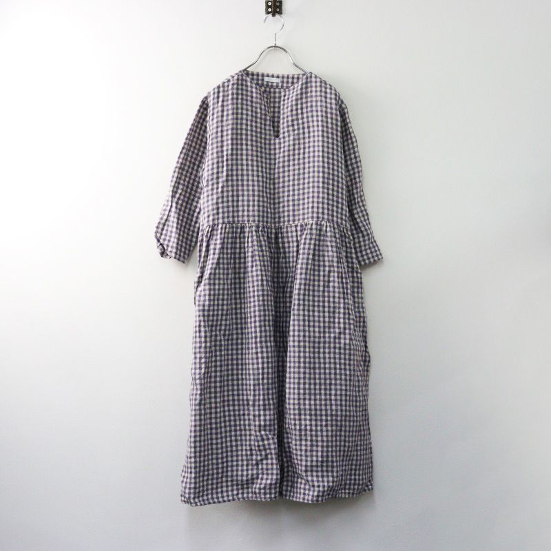 2025SS フォグリネンワーク fog linen work マルゴワンピース シモーヌ|パープル ギンガムチェック ギャザー ドレス 2400014438550