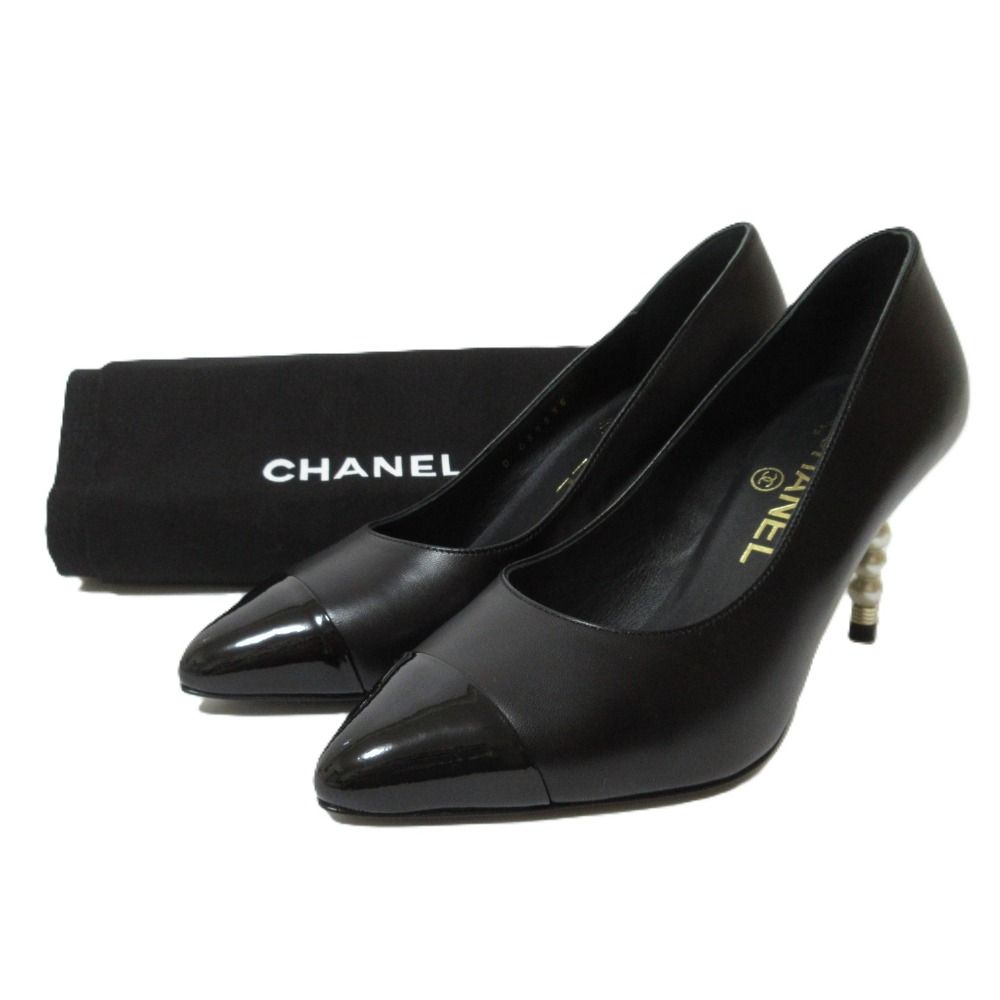 20C CHANEL シャネル パールヒール レザー ココマーク ポインテッドトゥ パンプス G35535 サイズ35 1|2C 約22.5cm ブラック レディース 古着
