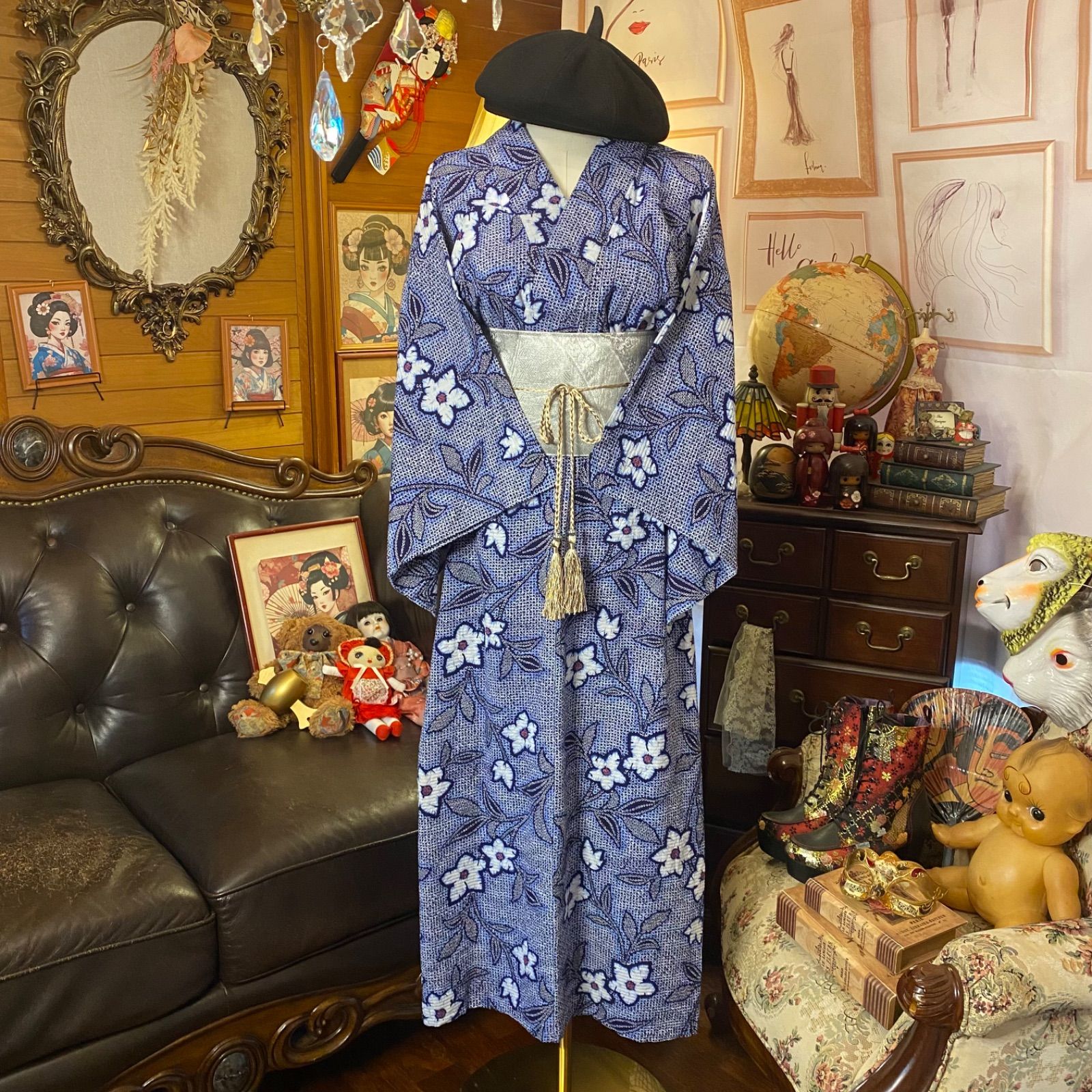 リップル絞り浴衣リメイク ロング ワンピース ドレス 袋帯