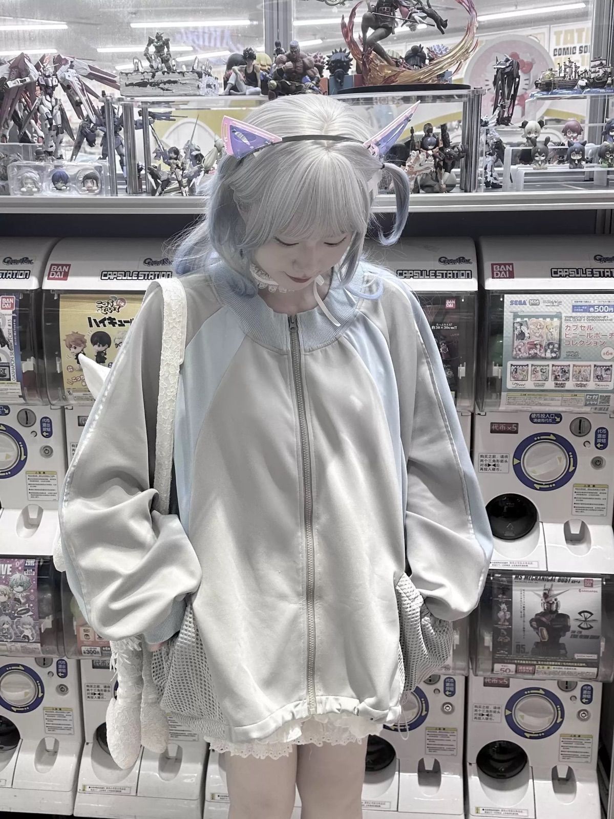 水色界隈 天使界隈 ブラック ブルー グレー サブカル パーカー 大きめ ゆったり 襟付き リボン ブルー ジャージ 服 長袖 地