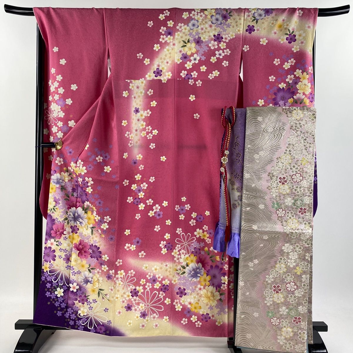k31★白×花振袖★豪華絢爛身丈160cm正絹袷広襟(未使用)+正絹袋帯セット 振袖 身丈168cm 裄丈67.5cm L 袷 袋帯フルセット やまと 蝶 花