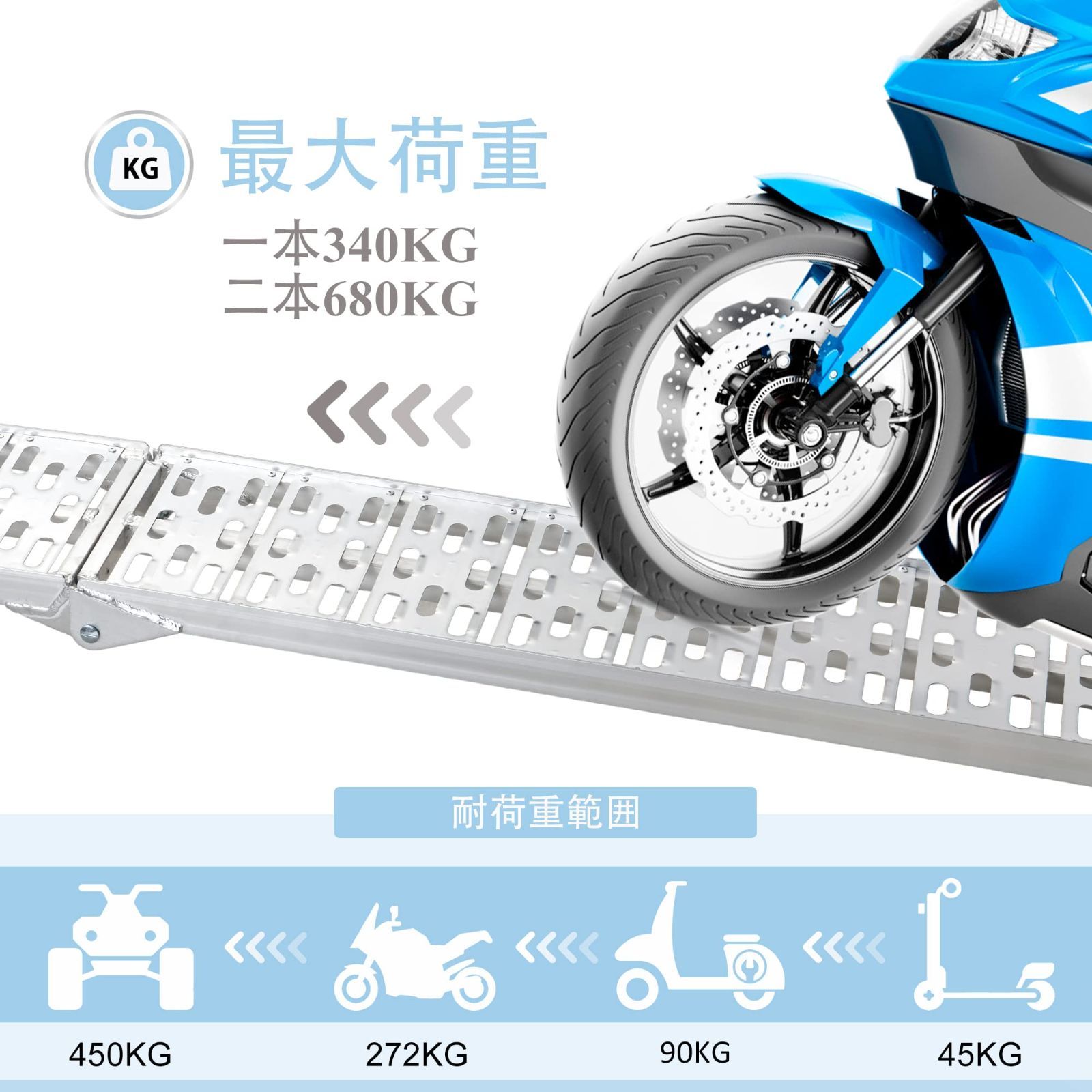 LEMNISCATE バイク用 ラダーレール 1本 長さ228cm 幅30.5cm 耐荷重340kg 折り畳み式 アルミブリッジ 軽量アルミラダー コンパクト 取っ手、固定用のスナップフック付き 滑り止め 自転車、オートバイク、4輪車用スロープ