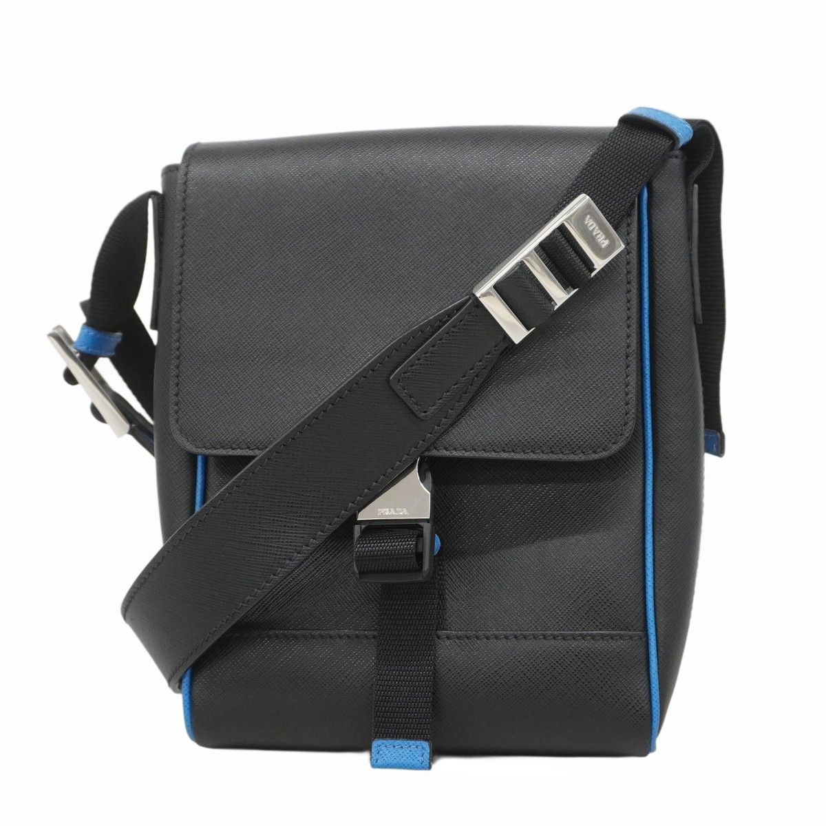 5ma0116-h プラダ ショルダーバッグ サフィアーノ レザー ブラック ブルー シルバー金具 メンズ