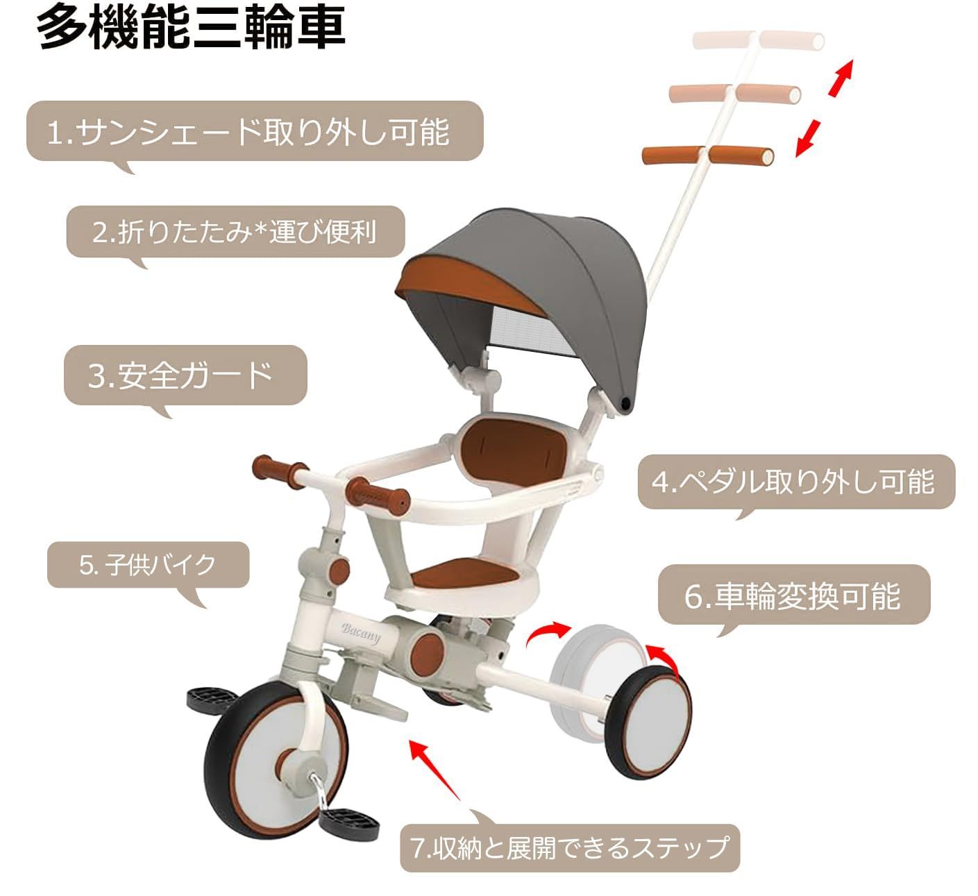 Bacany 子供用三輪車 7in1 三輪車 ステップ付き 折りたたみ 手押し棒