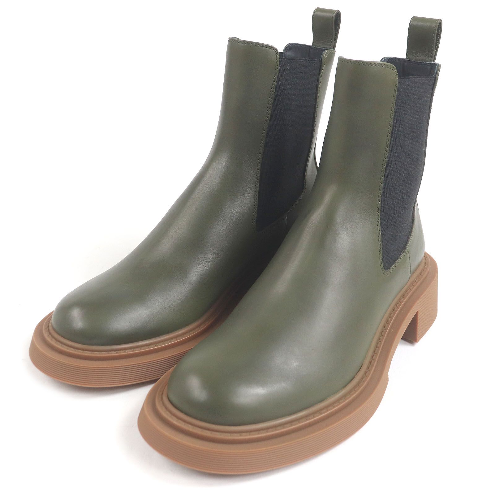 ♥品□LOEWE ロエベ M816S05X21 ロゴ入り レザー サイドゴアブーツ チェルシーブーツ カーキ 40 箱 保存袋付き イタリア製 メンズ