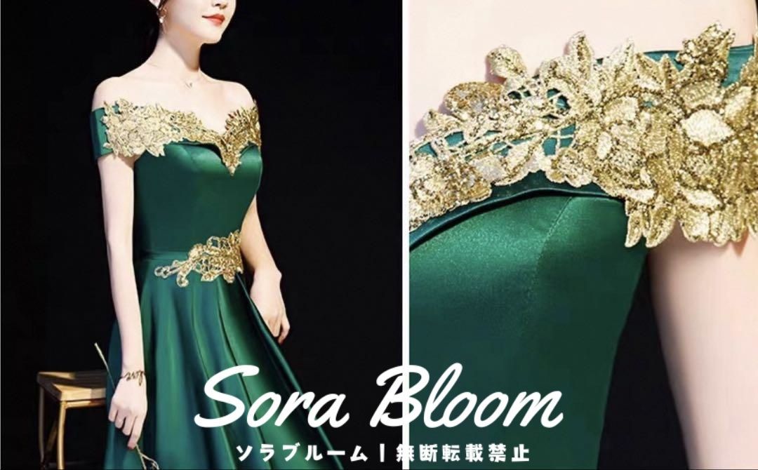 お花のデザインがゴージャスなオフショルダーのイブニングドレス