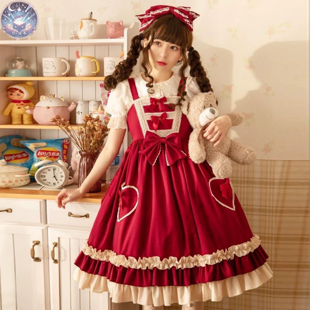 ♥ ロリータ 赤ハートポケットJSK♪ベージュ×リボン 甘ロリ