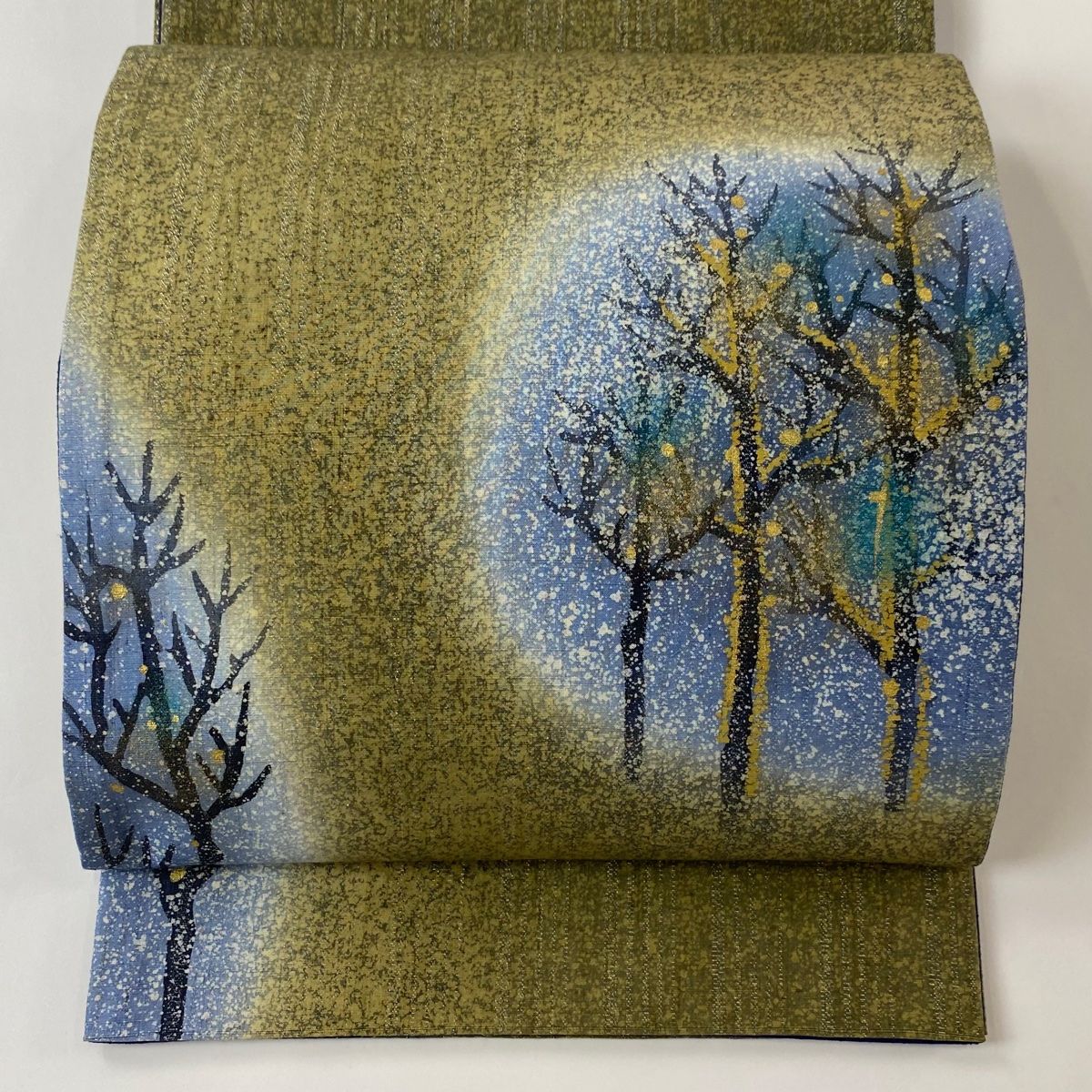 袋帯 秀品 落款 紬地 樹木 金彩 銀糸 茶緑色 お太鼓柄 正絹