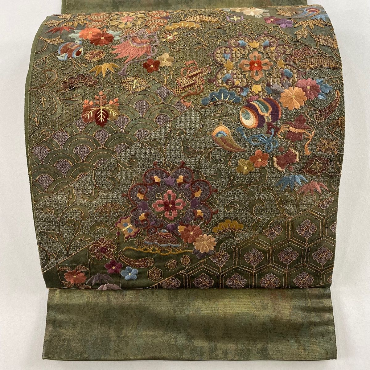 洒落袋帯 生紬 丸に鳥 染め柄 お太鼓柄 着物 正絹 T-8310 洒落袋帯 生紬 丸に鳥 染め柄 お太鼓柄 着物 正絹 T-8310 洒落