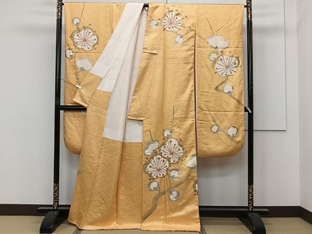 手描き 豪華 振袖 2点セット 袋帯 金彩 紋意匠 正絹 X257 平和屋着物□豪華振袖 手描き 駒刺繡 枝梅文 金彩 正絹 逸品