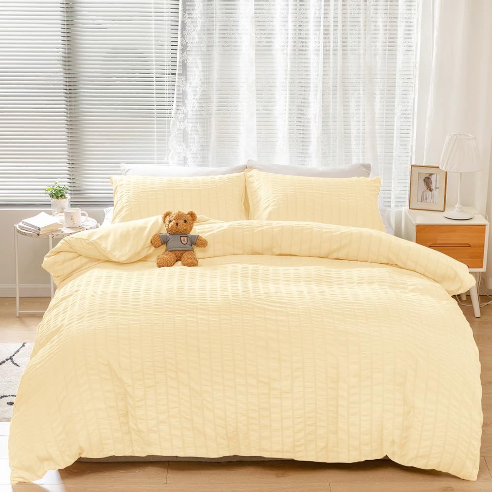 AYO 布団カバー シングル 3点セット フリル付き シアサッカー生地 掛け布団カバー ベッドカバー 枕カバー ボックスシーツ フリル付き 寝具カバーセット かわいい 布団かばー アイボリー 洋式・和式兼用 四季通用 洗い替え速乾 (クリーム色,シングル・…