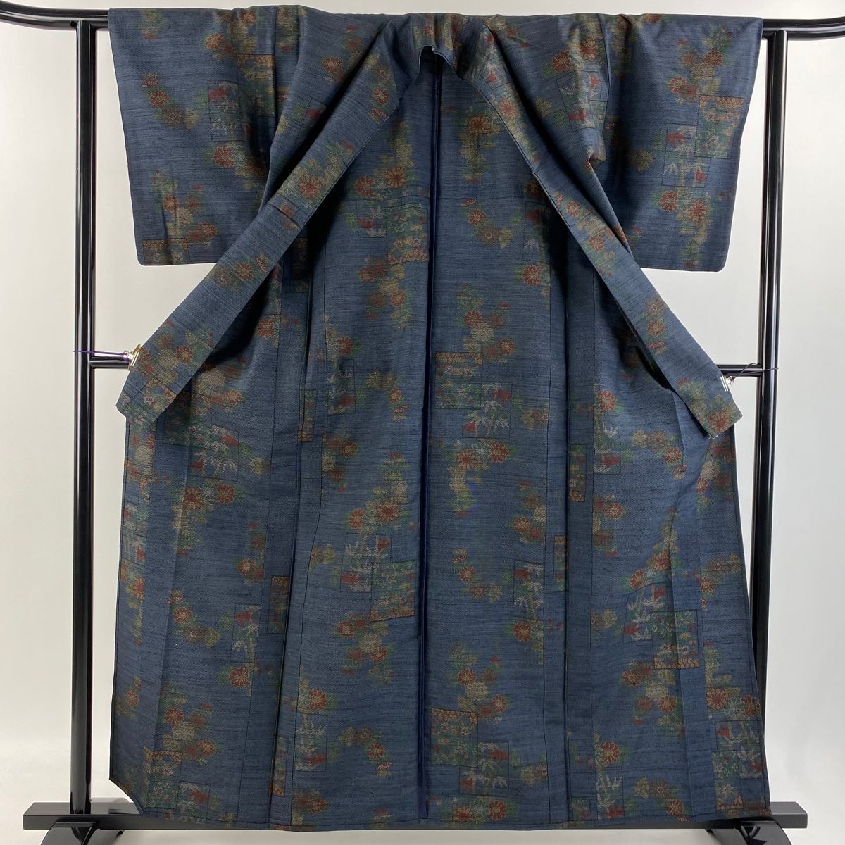 塩沢紬 身丈160cm 裄丈61.5cm S 単衣 証紙 菊 笹 紺色 正絹 美品