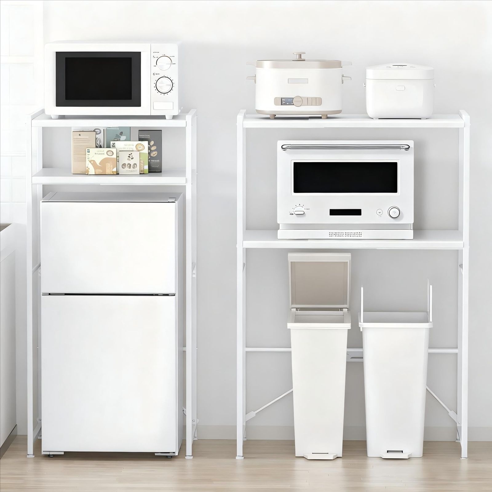 横幅伸縮60～80cm ゴミ箱上ラック YDH キッチンゴミ箱収納 高さ125cm レンジラック 耐荷重50Kg レンジ台 可動棚8段階調節 レンジボード 食器棚 冷蔵庫 洗濯機 塵箱上 ラ ック おしゃれ ホワイト