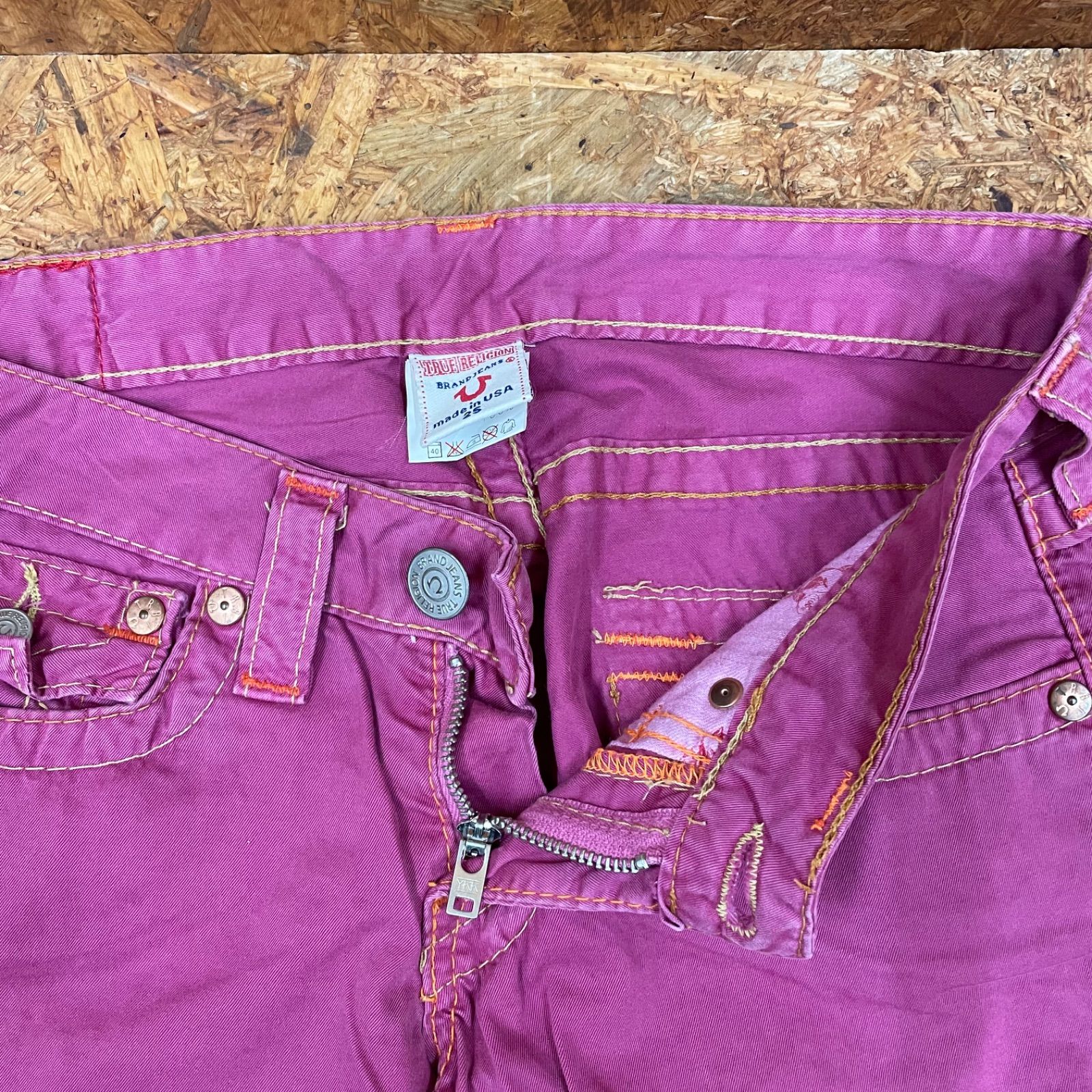 USA製 TRUE RELIGION カラーデニム ベルボトム レディース 25 ピンク トゥルーレリジョン フレアパンツ ブーツカット Ladies  ジーンズ ジーパン MADE IN USA