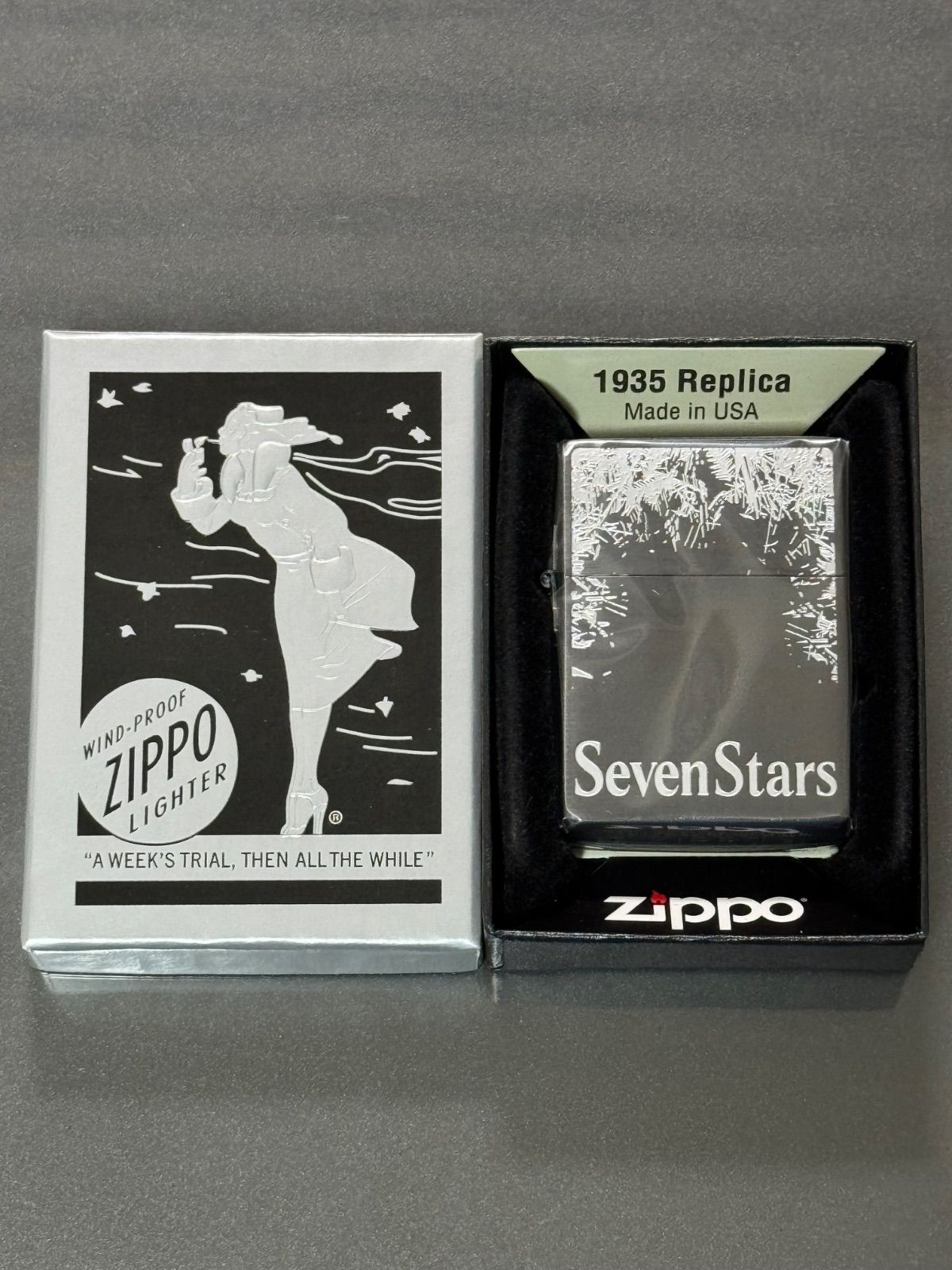 zippo Seven Stars SPIRIT SHARP MIND セブンスター 1935レプリカ 2025年製 七連星 外ヒンジ 懸賞当選品 特殊加工品 両面刻印 デットストック ケース 保証書 当選通知書