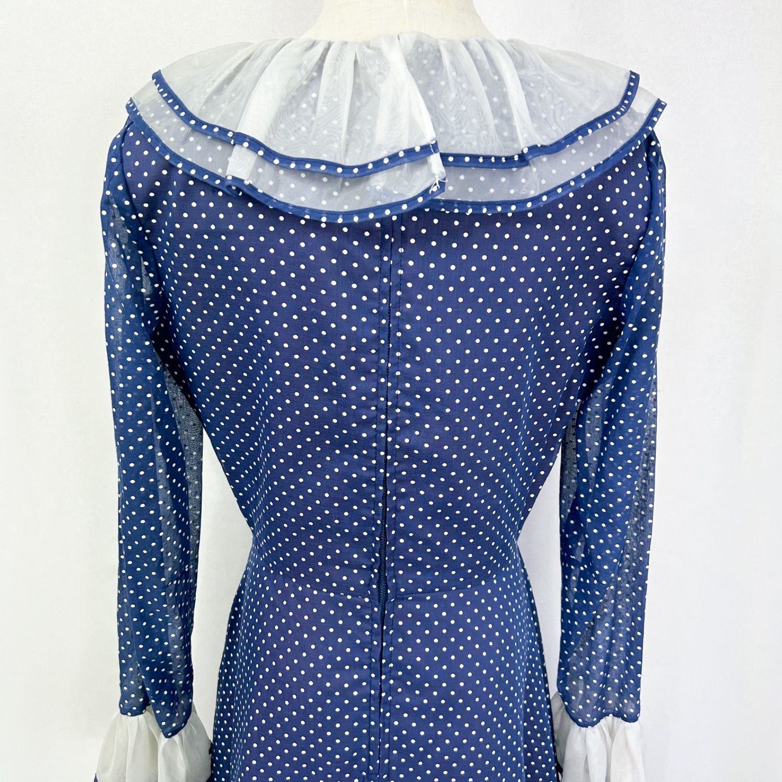 ビンテージ 70s 80s USA製 フリル襟 総柄 ドット 長袖 ロング丈 マキシ  