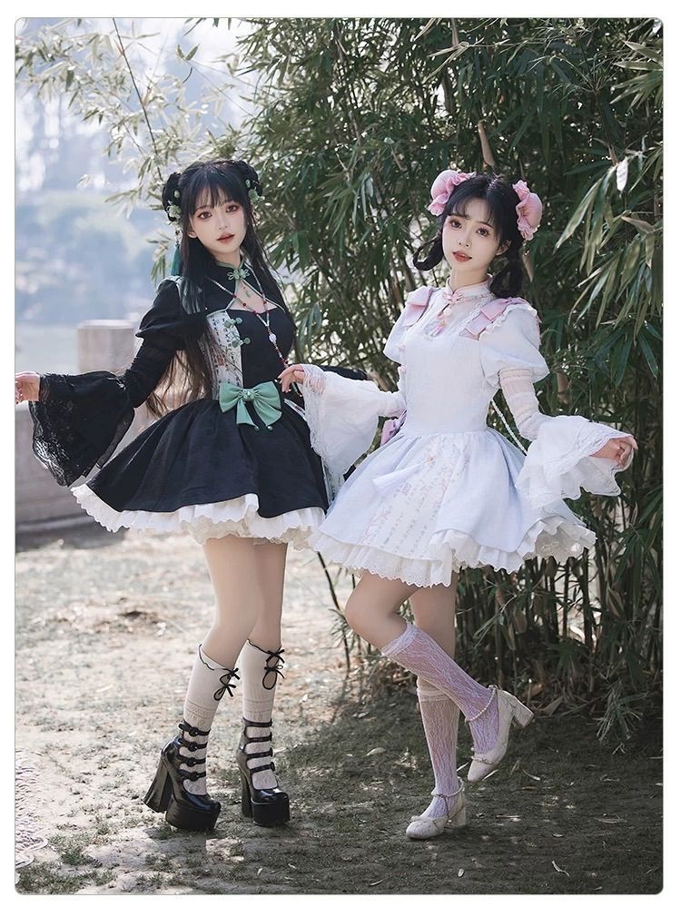 ブラック ピンク 姫袖 チャイナ 服 ロリィタ メイド セットアップ 地雷系 サブカル 地雷 パンク 天使界隈 量産型 サイバー y2